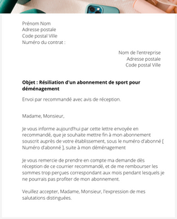 la lettre pour resilier un abonnement de sport pour demenagement