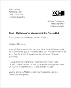 Résiliation d'un abonnement One Fitness Club