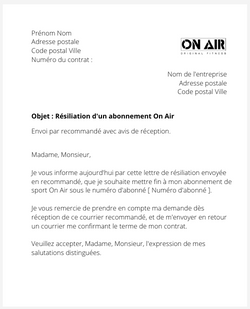 la lettre pour resilier un abonnement de sport on air