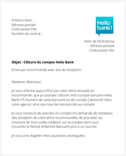 la lettre de cloture pour un compte hello bank