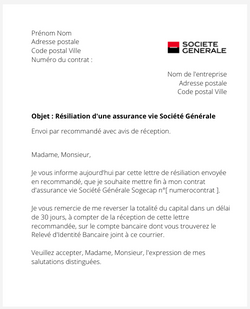 la lettre pour resilier une assurance vie societe generale