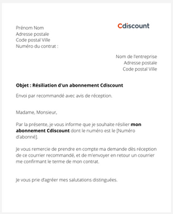 la lettre pour resilier un abonnement cdiscount a volonte