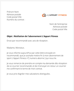 la lettre pour resilier un abonnement lappart fitness