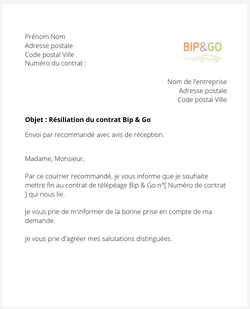 la lettre pour resilier un abonnement de telepeage bip and go