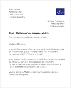 la lettre pour resilier une assurance vie lcl