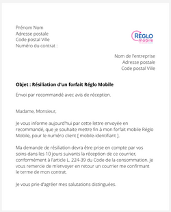 la lettre pour resilier un forfait Réglo Mobile