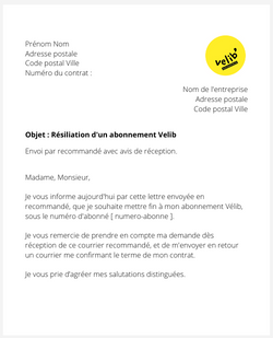 la lettre pour resilier un titre de transport velib