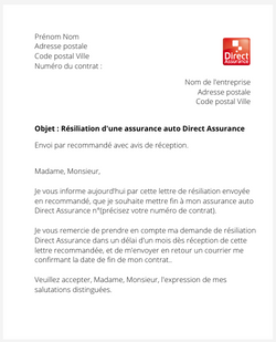 lettre resiliation contrat auto direct assurance