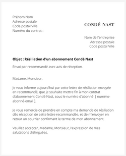 la lettre pour resilier un abonnement conde nast