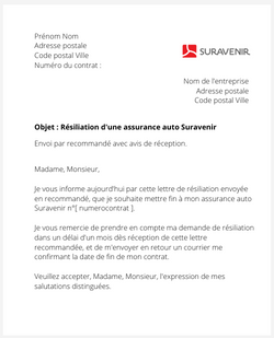 lettre resiliation contrat auto suravenir