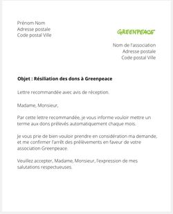 lettre resiliation dons greenpeace