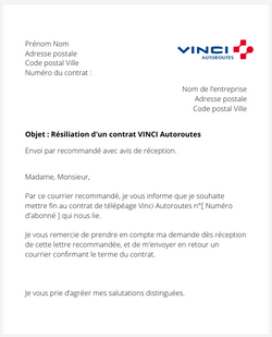 la lettre pour resilier un abonnement de telepeage vinci autoroutes