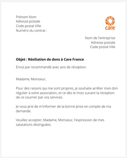 lettre resiliation dons care france