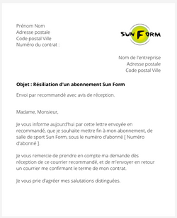 la lettre pour resilier un abonnement de sport sun form