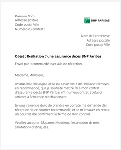 la lettre pour resilier une assurance deces bnp