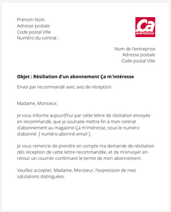 la lettre pour resilier un abonnement ca minteresse