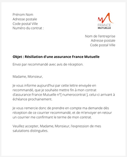 la lettre pour resilier une assurance france mutuelle