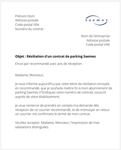 la lettre pour resilier un abonnement de parking saemes