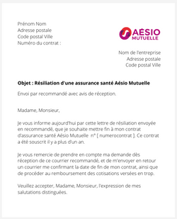 Résiliation d'un contrat Aésio Mutuelle