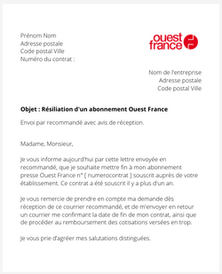 la lettre pour resilier un abonnement ouest france