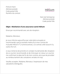 la lettre pour resilier une mutuelle helium