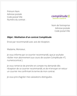 la lettre pour resilier un cours de soutien completude