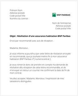 la lettre pour resilier une assurance logement bnp paribas