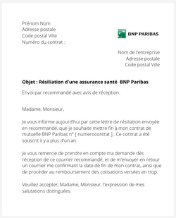 la lettre pour resilier une mutuelle bnp paribas