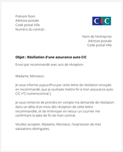 lettre resiliation contrat auto cic