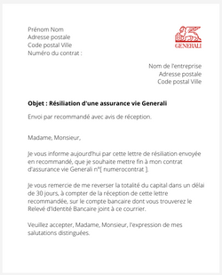 la lettre pour resilier une assurance vie generali