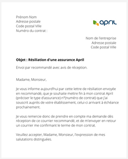 la lettre pour resilier une assurance april