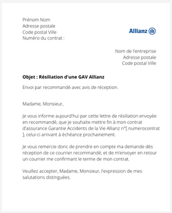 la lettre pour resilier une gav allianz