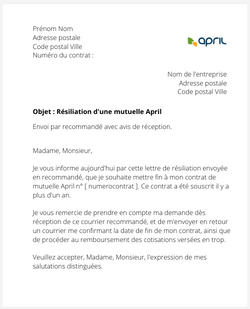 la lettre pour resilier une mutuelle april