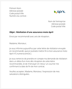 la lettre pour resilier une assurance moto april