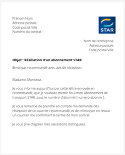 la lettre pour resilier un titre de transport star