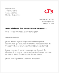 la lettre pour resilier un titre de transport cts