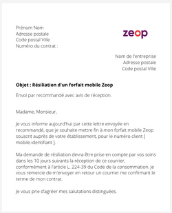 la lettre pour resilier une offre mobile zeop