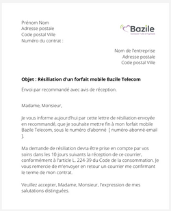 La lettre pour resilier un abonnement mobile Bazile Telecom