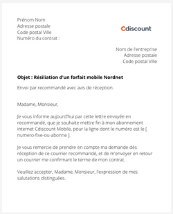 la lettre pour resilier un abonnement internet cdiscount