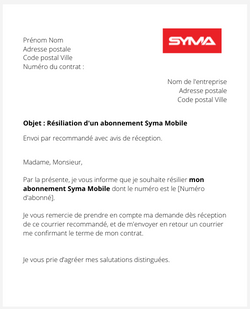 la lettre pour resilier un forfait mobile syma