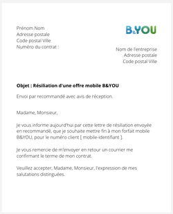 la lettre pour resilier un forfait mobile b&you