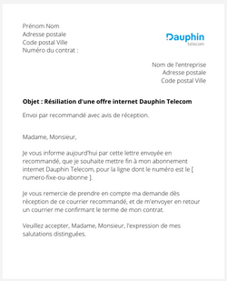 la lettre pour resilier un abonnement internet dauphin telecom