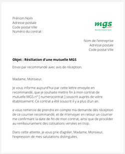 la lettre pour resilier une mutuelle mgs