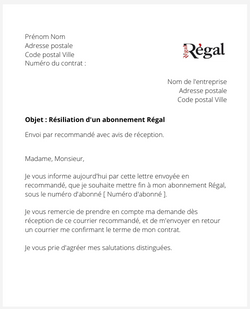 la lettre pour resilier un abonnement regal