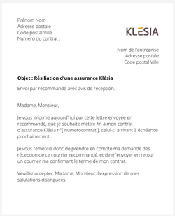 la lettre pour resilier une assurance klesia