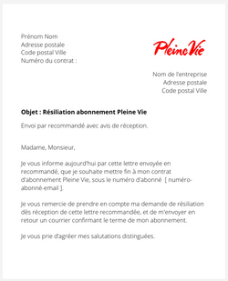 la lettre pour resilier un abonnement pleine vie