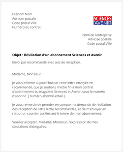 la lettre pour resilier un abonnement sciences et avenir