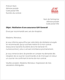 la lettre pour resilier une gav generali