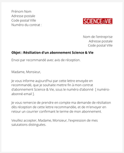 la lettre pour resilier un abonnement science et vie