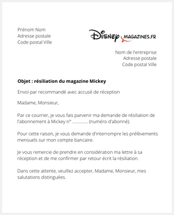 la lettre pour résilier le magazine mickey